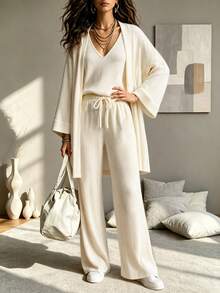 Balvessa Women Solid Color Ribbed Knitted, Vest, Long Pants,Overcoats Casual 3 Pieces SetAutumn/Winter - Apricot - View 1