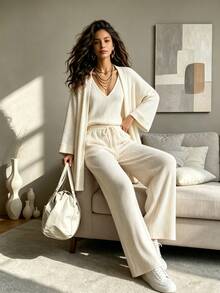 Balvessa Women Solid Color Ribbed Knitted, Vest, Long Pants,Overcoats Casual 3 Pieces SetAutumn/Winter - Apricot - View 4