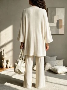 Balvessa Women Solid Color Ribbed Knitted, Vest, Long Pants,Overcoats Casual 3 Pieces SetAutumn/Winter - Apricot - View 2