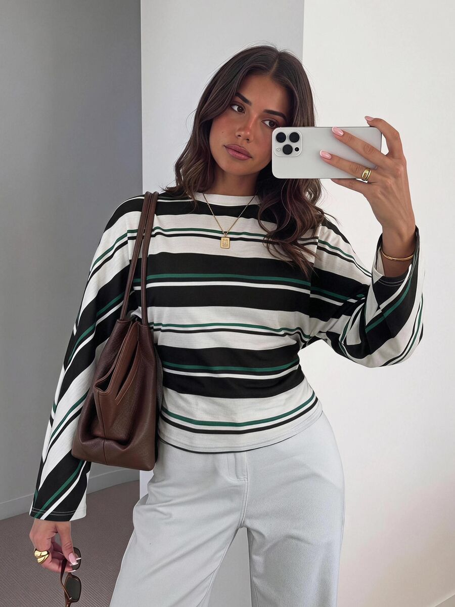 Siren Gaze Women's Green And White Striped Batwing Long Sleeve T-Shirt, New Autumn/Winter Style School Streetwear Casual - Multicolor - View 1
