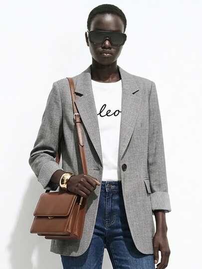 SHEIN LUNE Gray Striped Lapel Collar Long Sleeve Women's Blazer Jacket Fall Cloth For Women