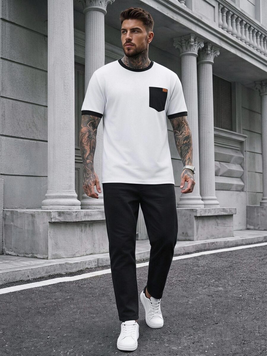 Manfinity CasualCool Men's Casual Mature Round Neck Daily Comfortable Regular Fit T-Shirt - White - View 1