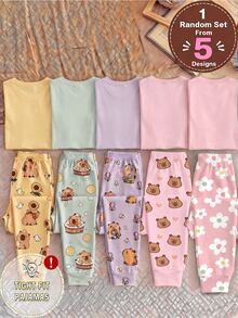 Tween Girl Round Neck Pullover Long Sleeve Pants Knit Fabric Comfortable Soft High Elasticity Slim Fit 2pcs Set Loungewear - Multicolor - View 2