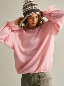 SHEIN Women Fall Western Cute Romantic Pink Floral Top Ruffle Lace Long Sleeve Hooded Sweatshirt Elegant Going Out Everyday Date Casual Country Concert - Pink - View 6