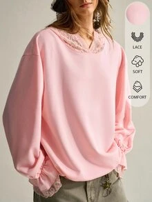 SHEIN Women Fall Western Cute Romantic Pink Floral Top Ruffle Lace Long Sleeve Hooded Sweatshirt Elegant Going Out Everyday Date Casual Country Concert - Pink - View 4