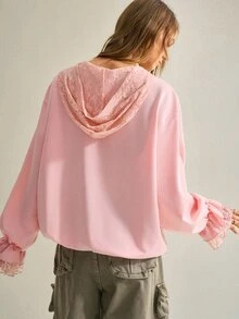 SHEIN Women Fall Western Cute Romantic Pink Floral Top Ruffle Lace Long Sleeve Hooded Sweatshirt Elegant Going Out Everyday Date Casual Country Concert - Pink - View 3