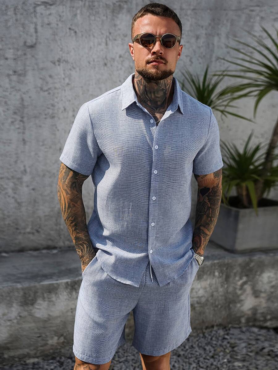 Manfinity CasualCool Men's Solid Color Textured Casual Short Sleeve Shirt And Shorts Set Men 2 Piece Summer Outfits Vacation Sets Beach Outfit Clothes Two Man Holiday - Blue - View 1
