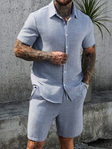Manfinity CasualCool Men's Solid Color Textured Casual Short Sleeve Shirt And Shorts Set Men 2 Piece Summer Outfits Vacation Sets Beach Outfit Clothes Two Man Holiday - Blue - View 5