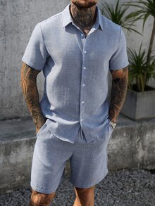 Manfinity CasualCool Men's Solid Color Textured Casual Short Sleeve Shirt And Shorts Set Men 2 Piece Summer Outfits Vacation Sets Beach Outfit Clothes Two Man Holiday - Blue - View 7