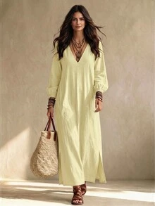 OPHERINE Women's Casual Everyday Solid Color Elegant Romantic Backless Long Sleeve Dress, Suitable For Vacation - Yellow - View 1