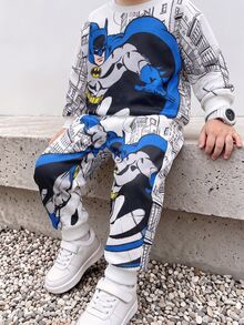 BATMAN X SHEIN 2件組兒童卡通圖案印花運動衫長褲套裝，長袖柔軟休閒日常穿搭 - 彩色 - 查看 1