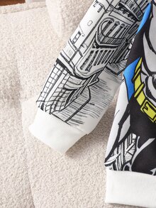 BATMAN X SHEIN 2件組兒童卡通圖案印花運動衫長褲套裝，長袖柔軟休閒日常穿搭 - 彩色 - 查看 4
