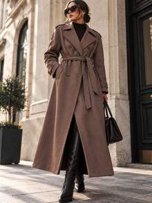 CLARA VERO Women's Brown Wool Look Belted Long Coat - Brown - View 2