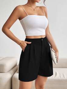 SHEIN LUNE Celana Pendek Kasual Longgar Wanita Warna Polos dengan Lipit dan Kantong - Hitam - View 6