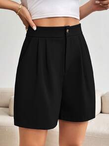 SHEIN LUNE Celana Pendek Kasual Longgar Wanita Warna Polos dengan Lipit dan Kantong - Hitam - View 4
