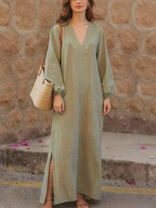 INAWLY Women Solid Color Elegant Romantic Backless Long Sleeve Casual Dress, Suitable For Daily/Holiday Wear Fall Cloth For Women - Green - View 2
