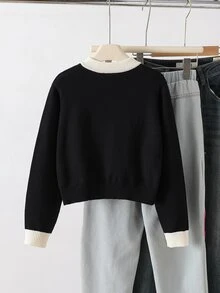 SHEIN Tween Girl Gentle Sweet Unique Design Autumn/Winter New Black Contrast Color Round Neck Heavy Handcrafted 3D Bow Decor Loose Versatile Elegant Knit Long Sleeve Cardigan , Suitable For Daily Wear, Holiday, Autumn/Winter - Black - View 2