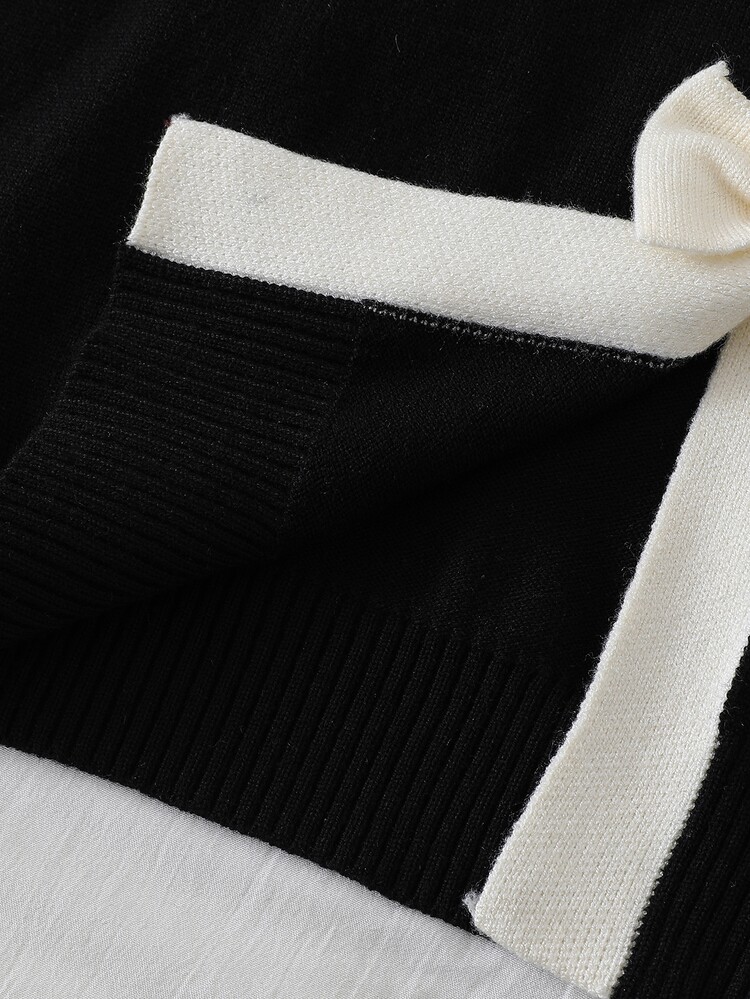 SHEIN Tween Girl Gentle Sweet Unique Design Autumn/Winter New Black Contrast Color Round Neck Heavy Handcrafted 3D Bow Decor Loose Versatile Elegant Knit Long Sleeve Cardigan , Suitable For Daily Wear, Holiday, Autumn/Winter - Black - View 6