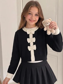SHEIN Tween Girl Gentle Sweet Unique Design Autumn/Winter New Black Contrast Color Round Neck Heavy Handcrafted 3D Bow Decor Loose Versatile Elegant Knit Long Sleeve Cardigan , Suitable For Daily Wear, Holiday, Autumn/Winter - Black - View 8