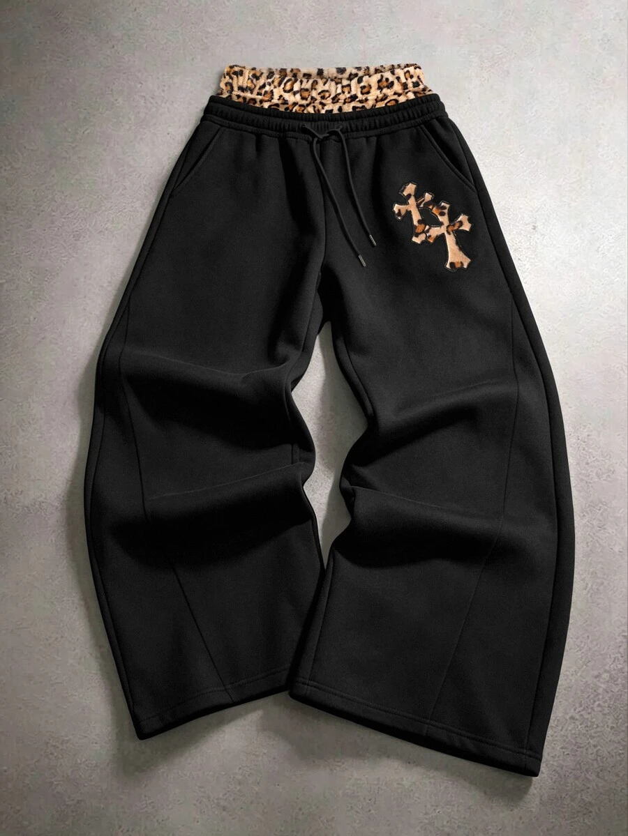 STYNVO Men's Patchwork Leopard Print Drawstring Waist Pocket Wide Leg Casual Sweatpants - Black - View 1