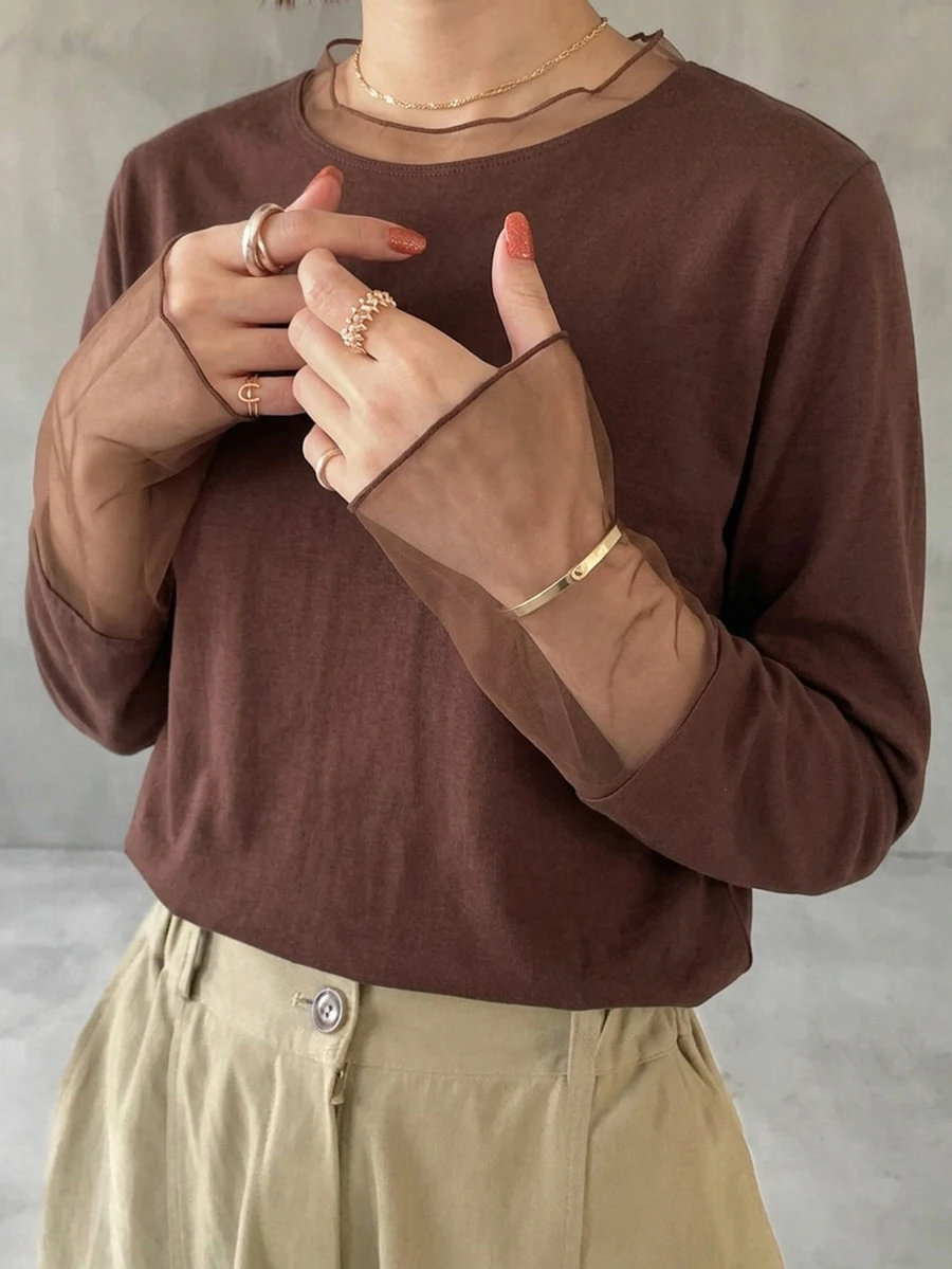 FRIFUL Solid Color Patchwork Sheer Polka Dot Mesh Fabric Loose Casual Versatile T-Shirt Fall Long Sleeve Tops - Brown - View 1