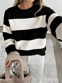 SHEIN LUNE Women's Loose Round Neck Black & White Striped Sweatshirt, Suitable For Autumn/Winter Back To School Season - White - View 8