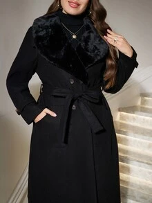 Reflora 大尺碼毛絨拼接大衣 秋季 辦公室 晚宴 黑色 優雅 商務休閒 - 咖啡棕 - 查看 1