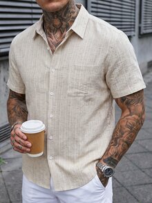 Manfinity CasualCool 男士純色條紋紋理成熟休閒度假修身短袖襯衫 - 卡其色 - 查看 7