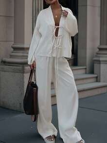INAWLY 2pcs Women Casual Solid Color Shirt And Pants Set, Autumn - White - View 2