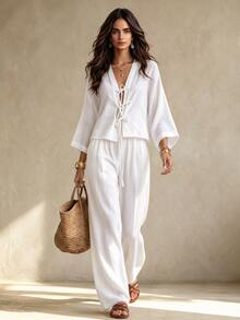 INAWLY 2pcs Women Casual Solid Color Shirt And Pants Set, Autumn - White - View 1