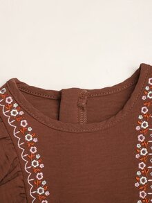 SHEIN Young Girl Embroidered Craft Comfortable Ruffle Hem Dress - Brown - View 4