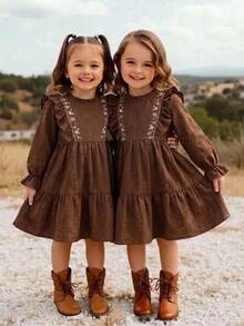 SHEIN Young Girl Embroidered Craft Comfortable Ruffle Hem Dress - Brown - View 1
