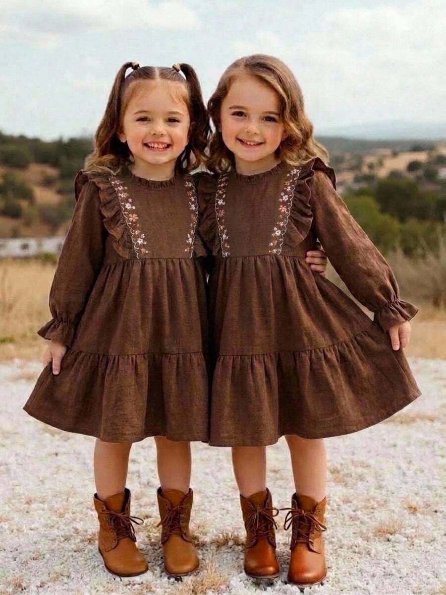 SHEIN Young Girl Embroidered Craft Comfortable Ruffle Hem Dress - Brown - View 1