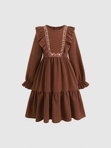 SHEIN Young Girl Embroidered Craft Comfortable Ruffle Hem Dress - Brown - View 8