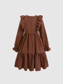 SHEIN Young Girl Embroidered Craft Comfortable Ruffle Hem Dress - Brown - View 2