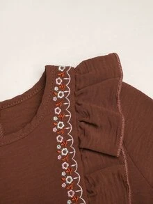 SHEIN Young Girl Embroidered Craft Comfortable Ruffle Hem Dress - Brown - View 6
