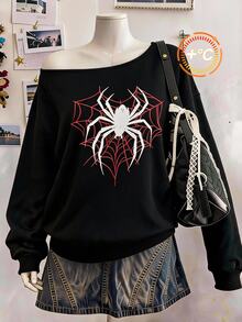 Comfortcana Plus Size Women's Spider Pattern Casual Everyday Long Sleeve Sweatshirt - Black - View 1