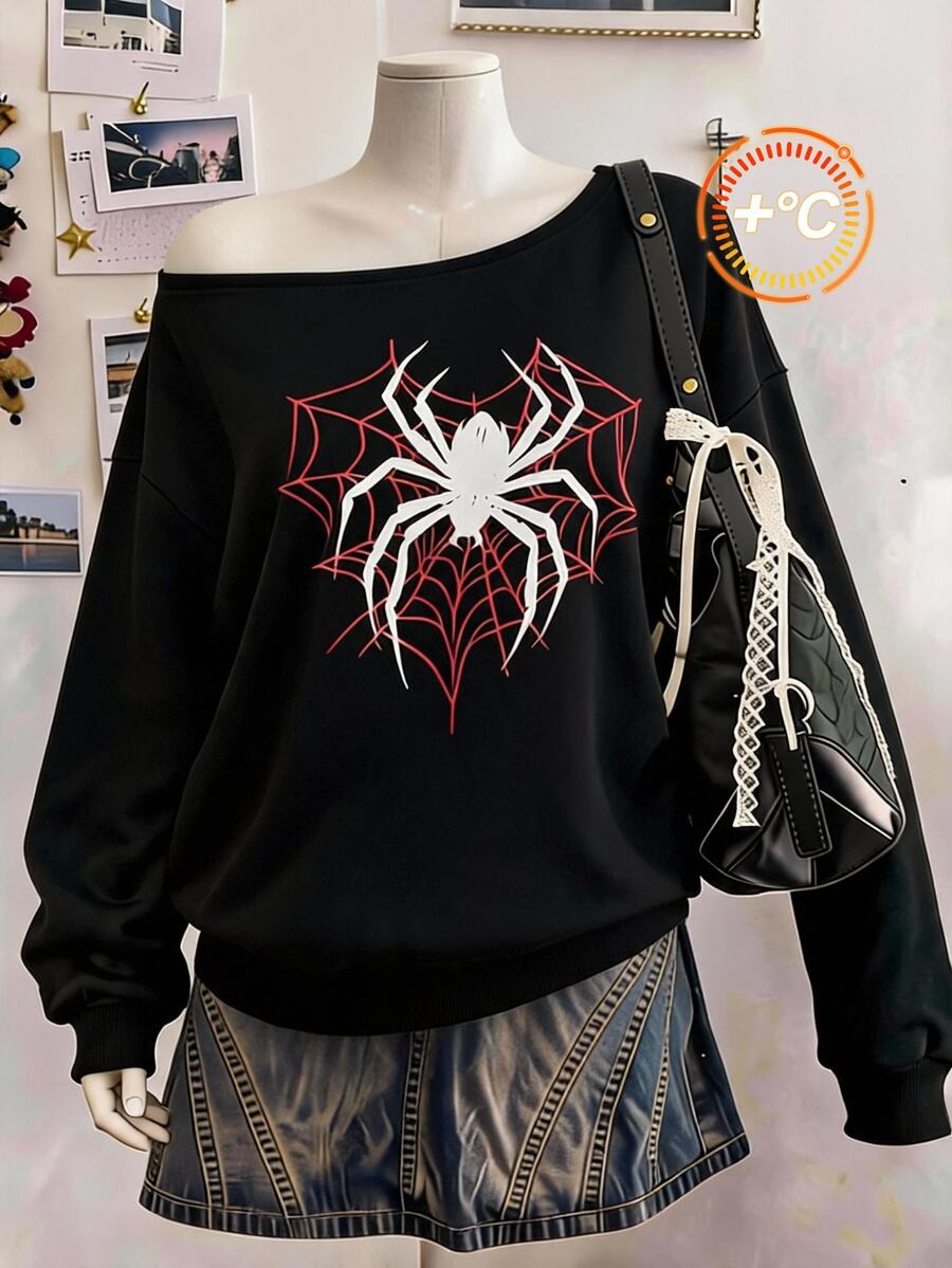 Comfortcana Plus Size Women's Spider Pattern Casual Everyday Long Sleeve Sweatshirt - Black - View 1
