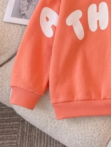 Elladie kids 女童寬鬆落肩長袖字母印花運動衫，休閒日常穿搭上衣，返校穿搭 - 橘色 - 查看 5