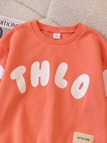 Elladie kids 女童寬鬆落肩長袖字母印花運動衫，休閒日常穿搭上衣，返校穿搭 - 橘色 - 查看 4