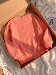 Elladie kids 女童寬鬆落肩長袖字母印花運動衫，休閒日常穿搭上衣，返校穿搭 - 橘色 - 查看 2
