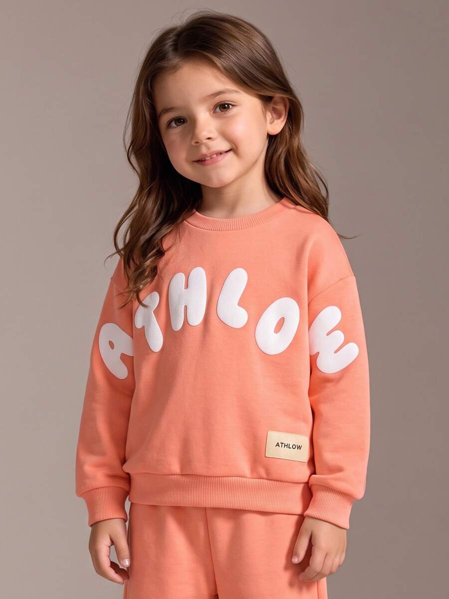 Elladie kids 女童寬鬆落肩長袖字母印花運動衫,休閒日常穿搭上衣,返校穿搭 - 橘色 - 查看 1