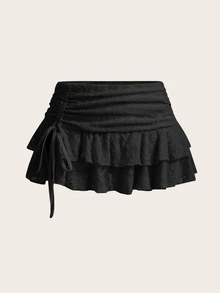 Sweetina Textured Mesh Drawstring Waist Layered Peplum Style Ruffle Hem Mini Skirt - Black - View 3