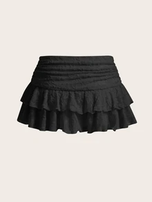 Sweetina Textured Mesh Drawstring Waist Layered Peplum Style Ruffle Hem Mini Skirt - Black - View 5