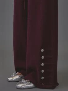 MUSERA 酒紅色針織鈕扣裝飾直筒長褲 秋季休閒日常穿搭 舒適居家休閒褲 - 中紫紅色 - 查看 5