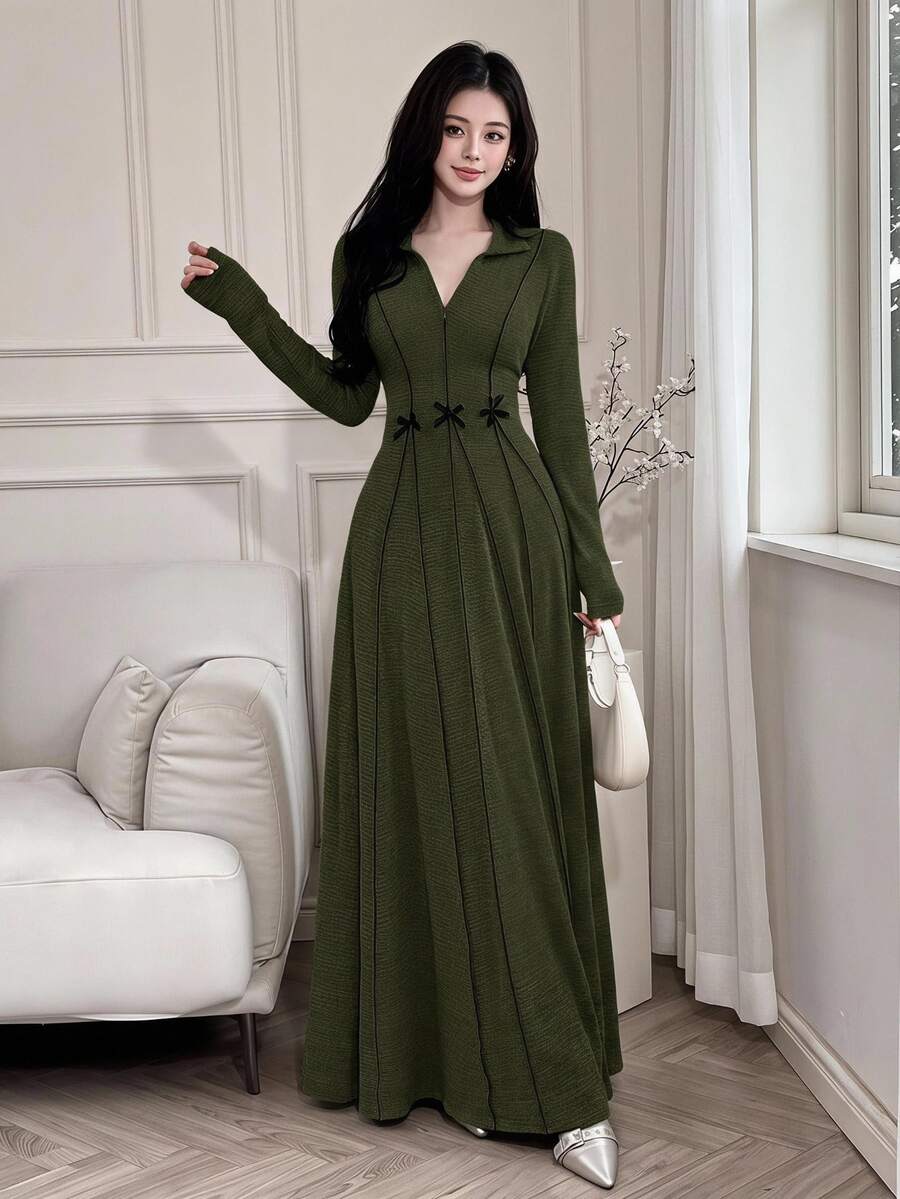 Feyla Women's Solid Color Minimalist Long Sleeve Arabic Style Dress, Everyday Wear - Army Green - View 1