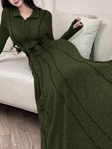 Feyla Women's Solid Color Minimalist Long Sleeve Arabic Style Dress, Everyday Wear - Army Green - View 6