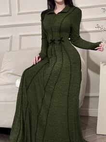 Feyla Women's Solid Color Minimalist Long Sleeve Arabic Style Dress, Everyday Wear - Army Green - View 5