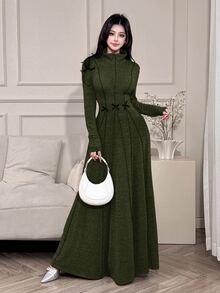 Feyla Women's Solid Color Minimalist Long Sleeve Arabic Style Dress, Everyday Wear - Army Green - View 4