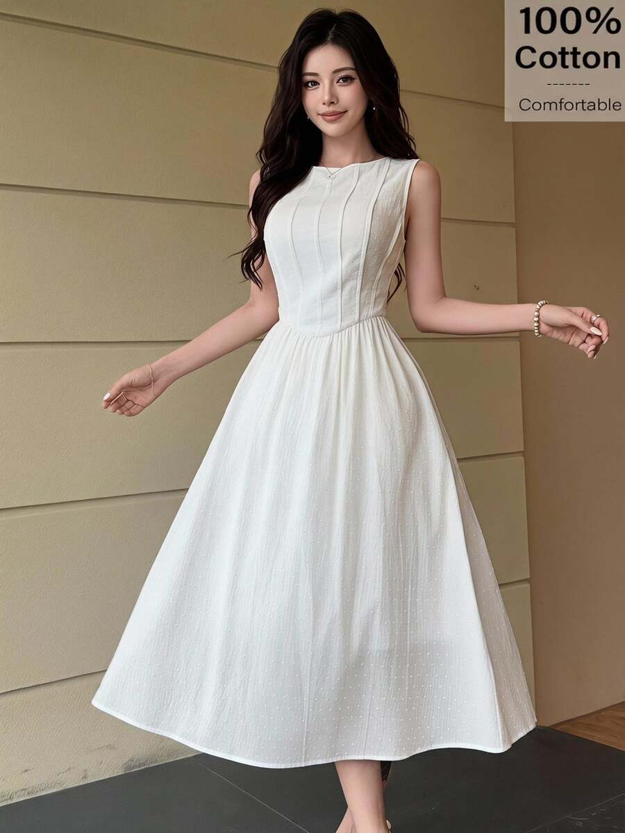 Feyla Women's Solid Color Round Neck Sleeveless Minimalist Mid-Length Summer Dress